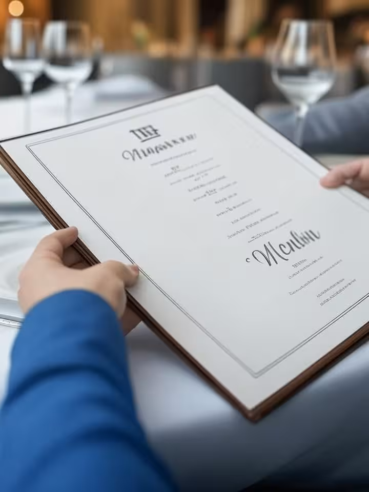 Close-up of hands holding leather-bound menu at fine dining restaurant, beautifully designed menu ty