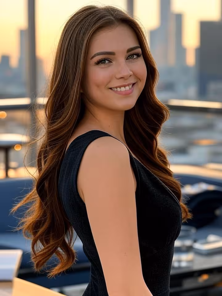 Confident young woman posing for profile photo at upscale rooftop bar during golden hour, city skyli