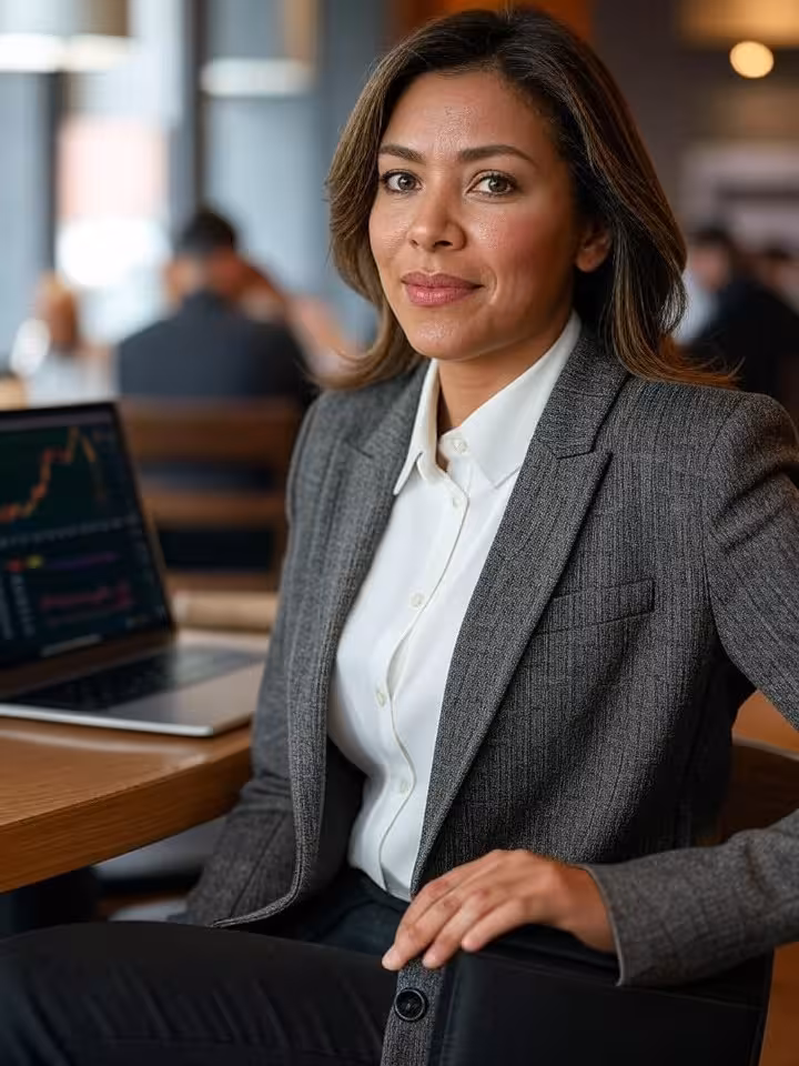 Modern woman reviewing financial charts on laptop in upscale coffee shop, confident business casual