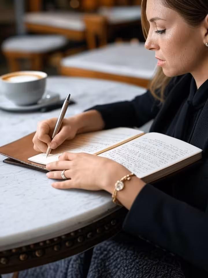 Close-up of a woman's hands writing key conversation points in a leather-bound journal, sitting at a