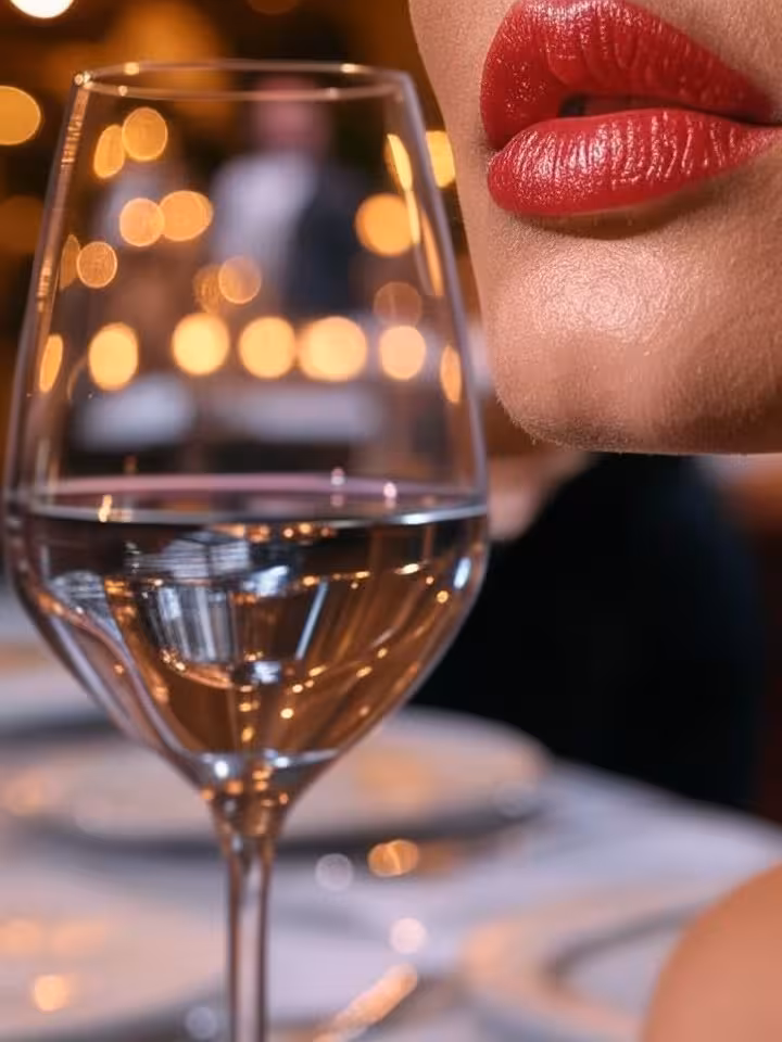 Close-up of perfect red lips with wine glass in foreground, luxury restaurant ambiance, soft bokeh l