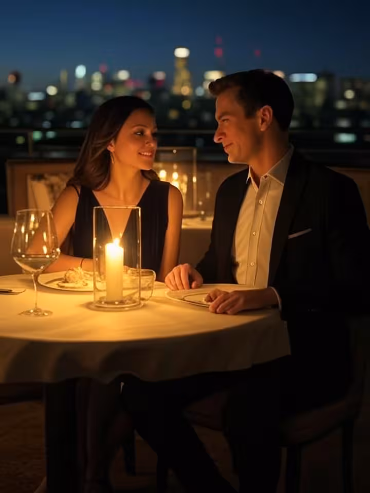 Sophisticated couple dining at an exclusive rooftop restaurant with city skyline at night, warm gold