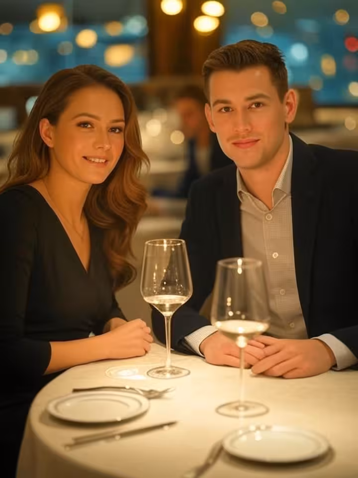 Sophisticated dinner date at upscale restaurant, contemporary elegant interior, soft ambient lightin