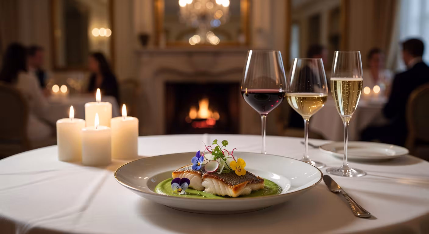 Fine dining table setting at Michelin-starred restaurant, elegant plating, wine glasses, candlelight