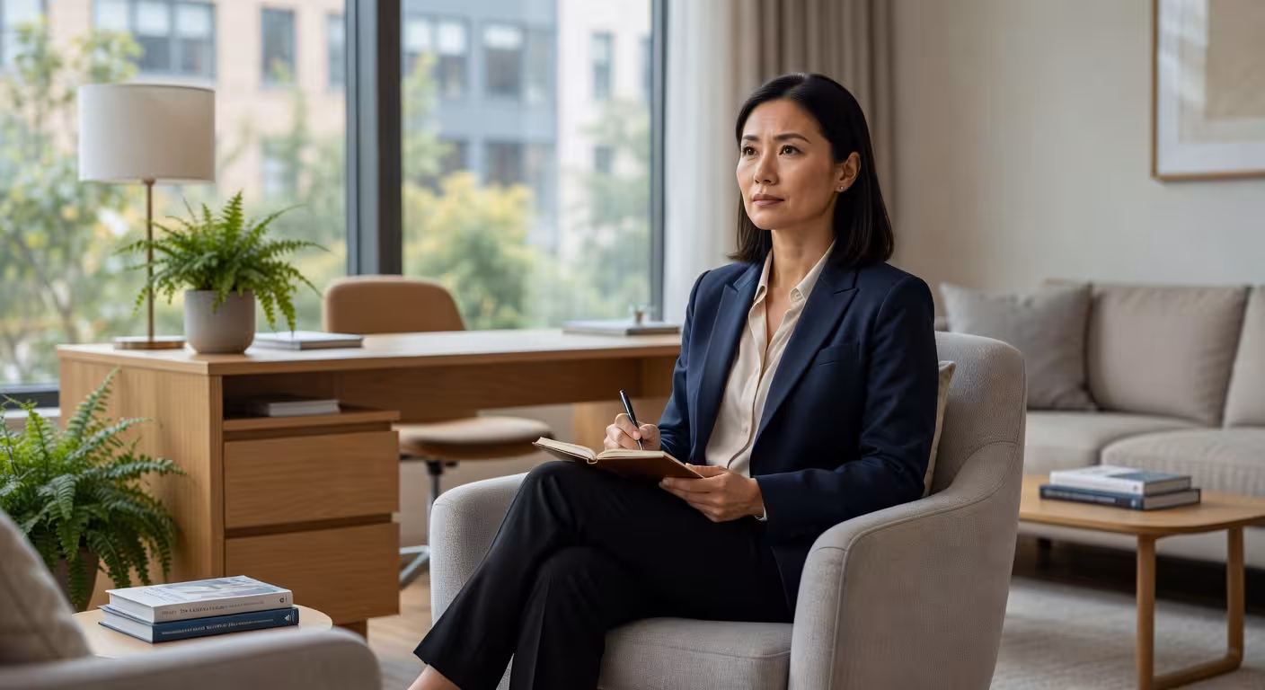 Professional woman in modern therapy office sitting on comfortable chair, thoughtful expression, con