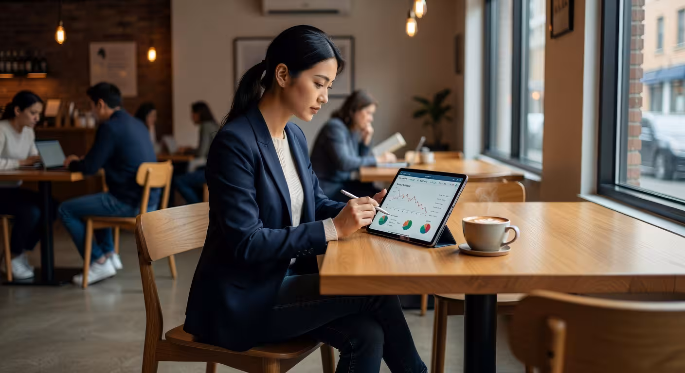 Confident young woman reviewing financial documents on tablet in contemporary coffee shop, natural w