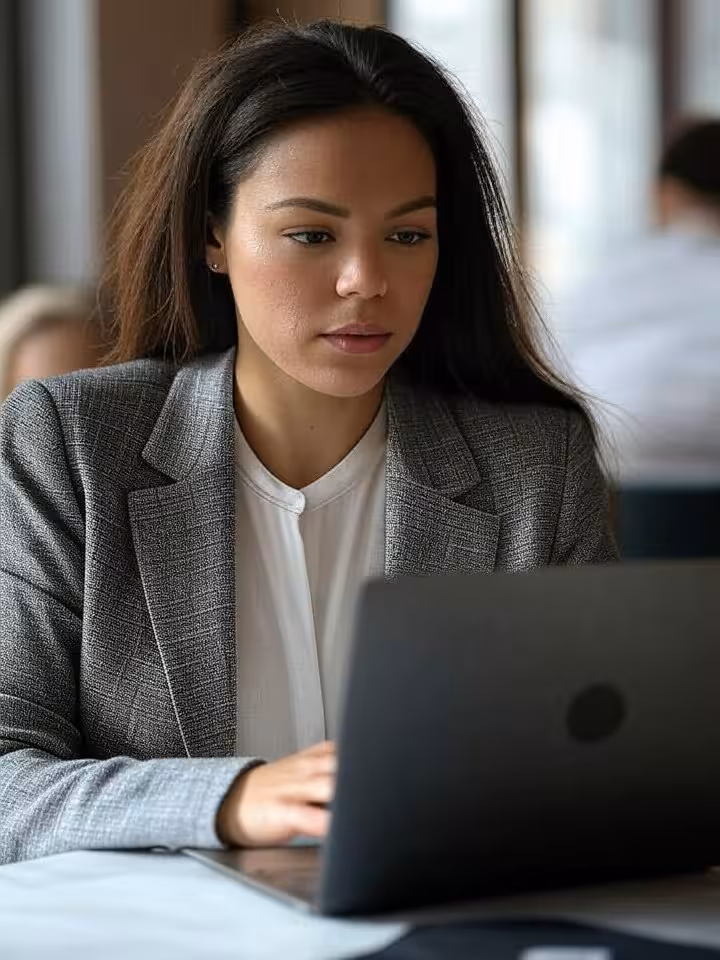 ambitious professional woman working on laptop in chic coffee shop, determined focused expression, c