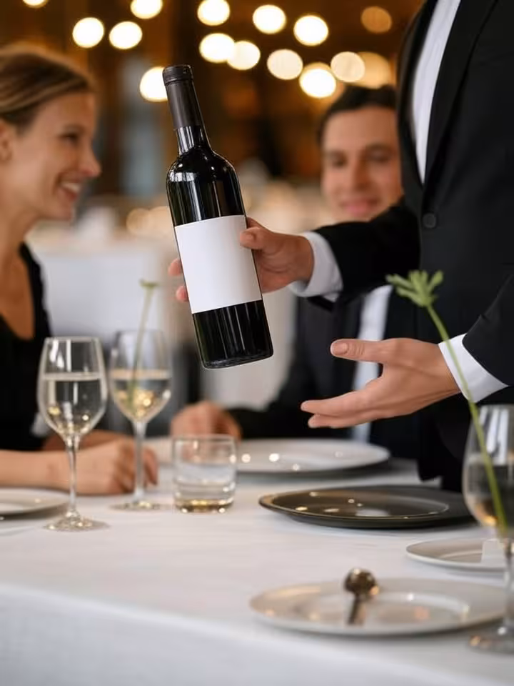 Sommelier presenting wine bottle to couple at intimate restaurant table, elegant wine service, profe