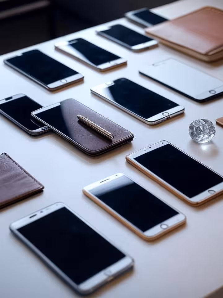 Overhead shot of woman's organized desk with multiple phones, elegant planner, luxury accessories, m
