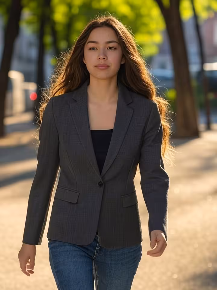 A confident young woman walking alone along a tree-lined urban path, dressed in sophisticated casual