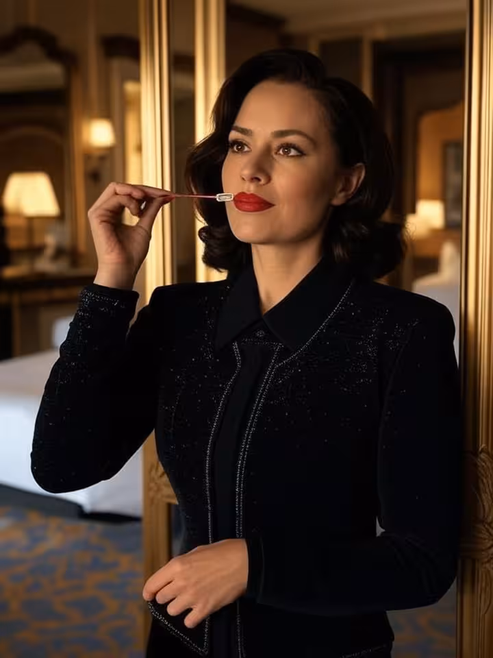 Confident woman in designer outfit with red lipstick adjusting her appearance in art deco hotel mirr