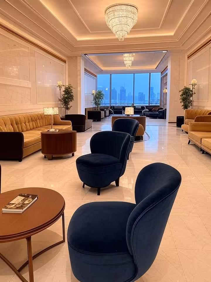 Luxurious hotel lobby or high-end bar interior, art deco details, velvet seating, chandelier lightin