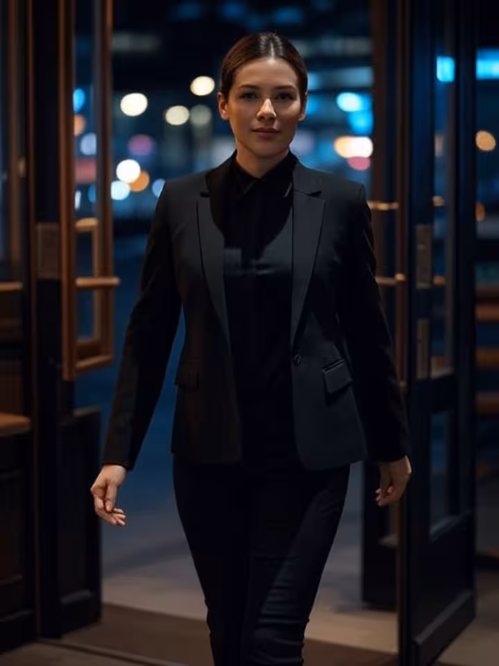Young woman walking confidently out of restaurant entrance at night, city lights in background, dete