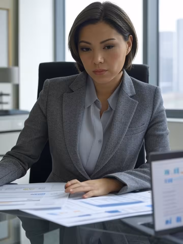 Young professional woman reviewing financial documents and laptop at modern desk, investment charts