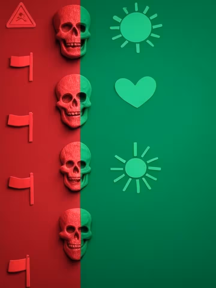 Red flags and green flags visual metaphor: split composition showing warning symbols on dark red sid