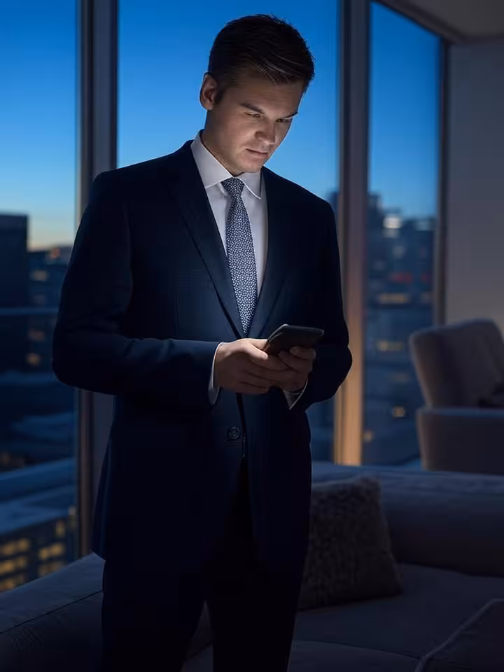 Young successful businessman checking phone in luxury penthouse, floor-to-ceiling windows with city
