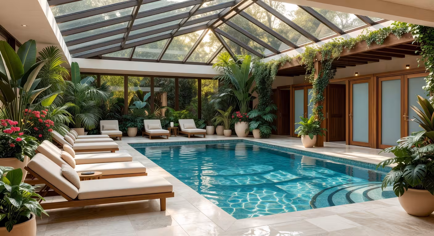 Serene luxury hotel spa pool area, turquoise water, plush loungers, tropical plants, natural sunligh