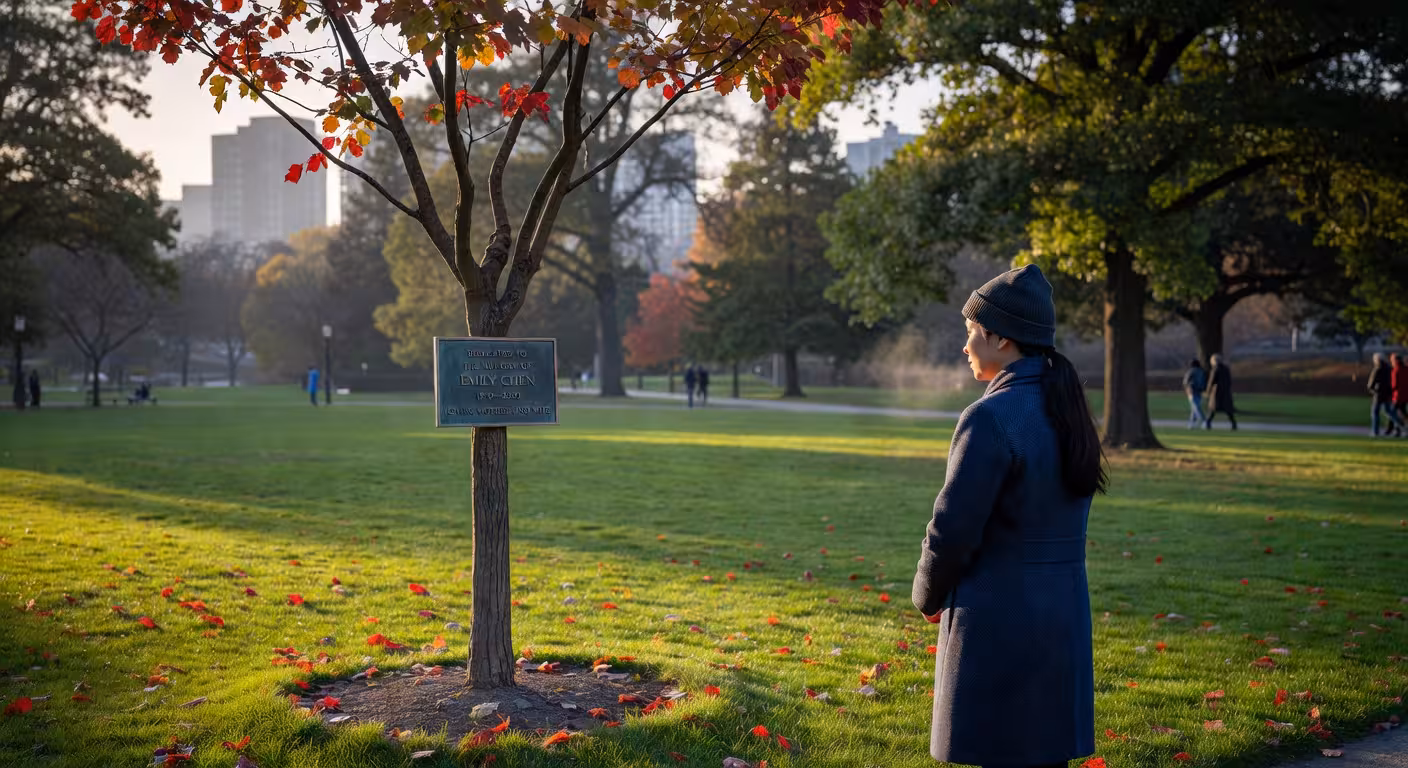 Small memorial tree with bronze plaque in urban park setting, woman's silhouette standing nearby, pe