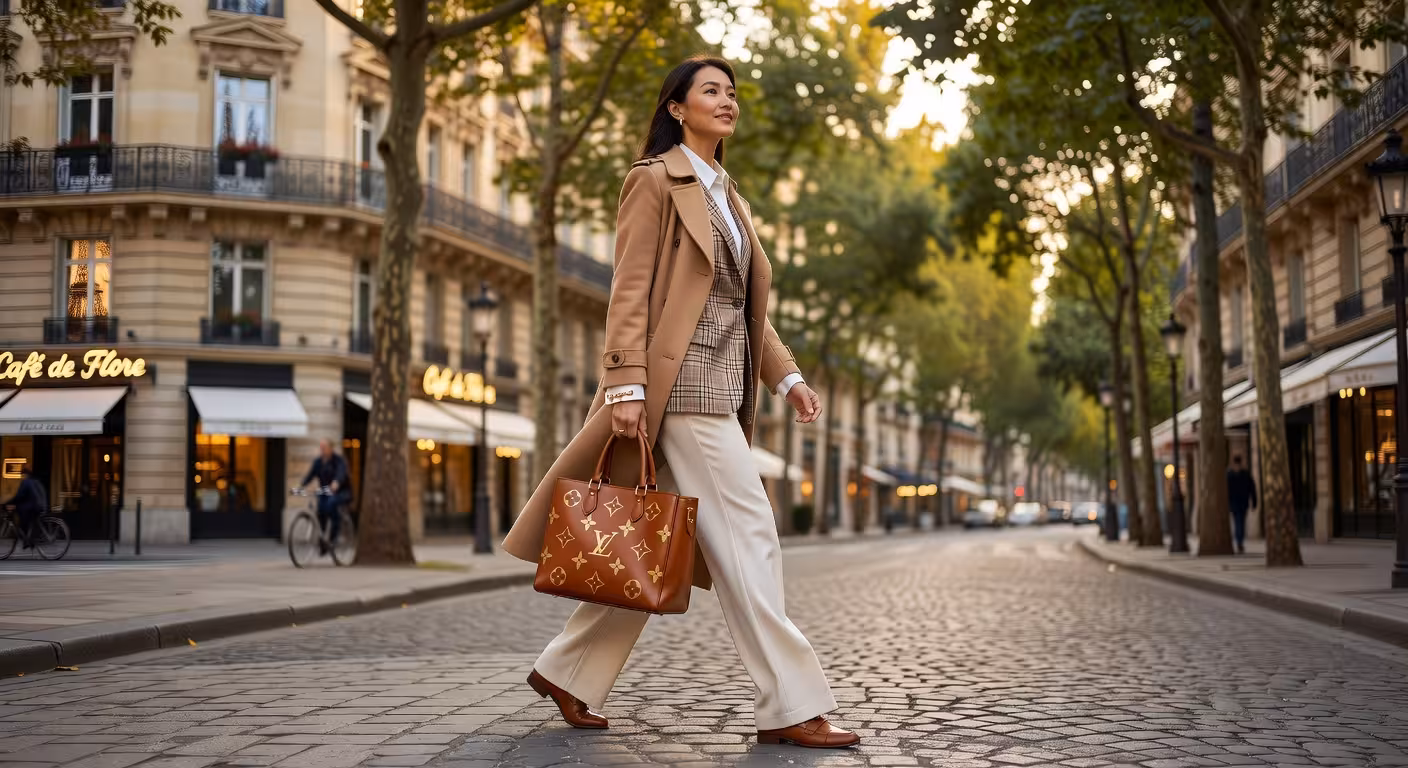 Elegant woman in sophisticated outfit carrying designer handbag walking through upscale city street,