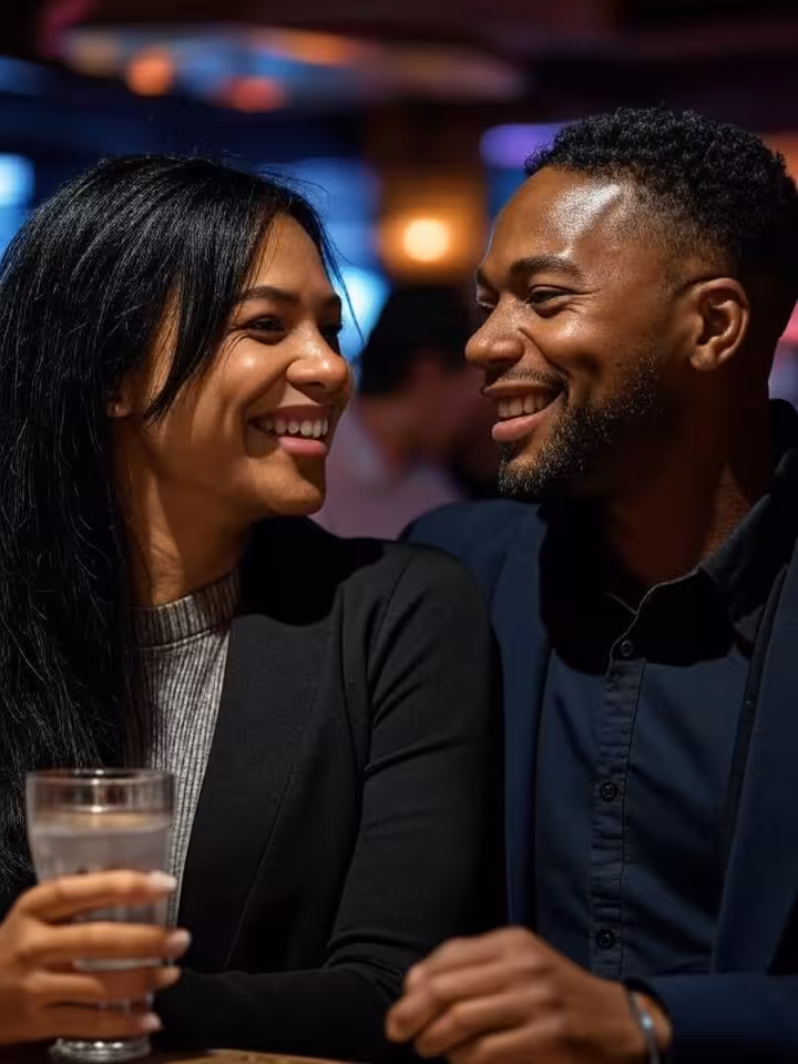 couple enjoying shared experience at jazz club or cultural venue, genuine smiles and engagement, sop