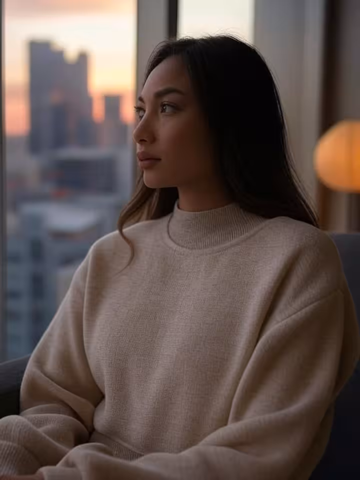 Woman looking contemplative at window of luxury high-rise apartment, city skyline background, golden