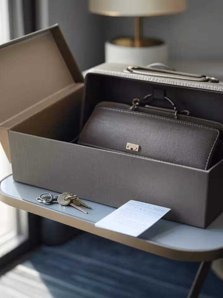 An elegant gift box containing a luxury handbag on a modern console table, keys and a handwritten no