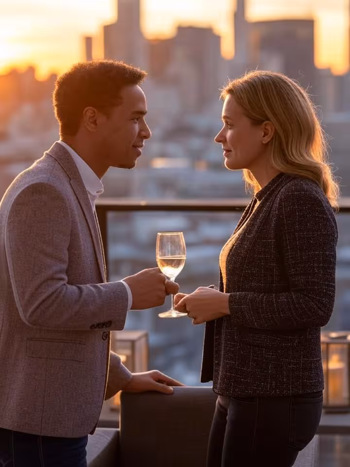 Two people having an engaged conversation on a penthouse balcony at sunset, Manhattan skyline visibl