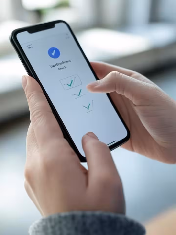 Close-up of woman's hands holding smartphone showing verification checkmarks and profile details, mo