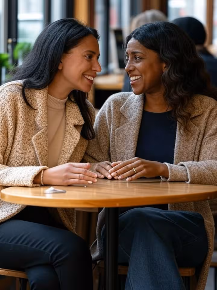 Two women having coffee and genuine conversation in chic cafe, natural candid moment, stylish urban