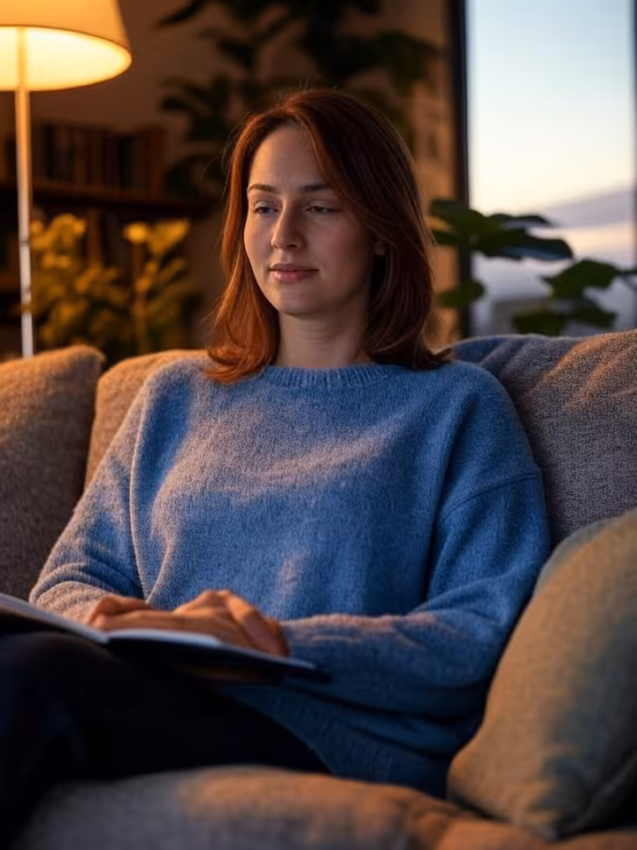 A woman sitting comfortably in a cozy apartment with a journal, surrounded by plants and books, look