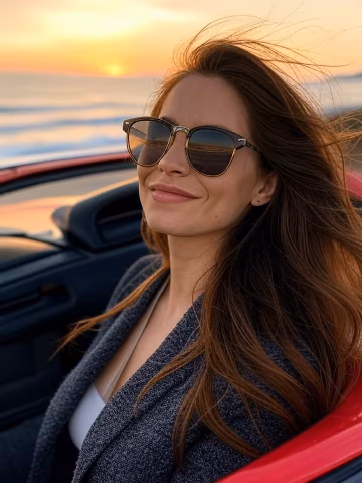 Sophisticated woman in convertible sports car on coastal highway during golden hour, wind in hair, s