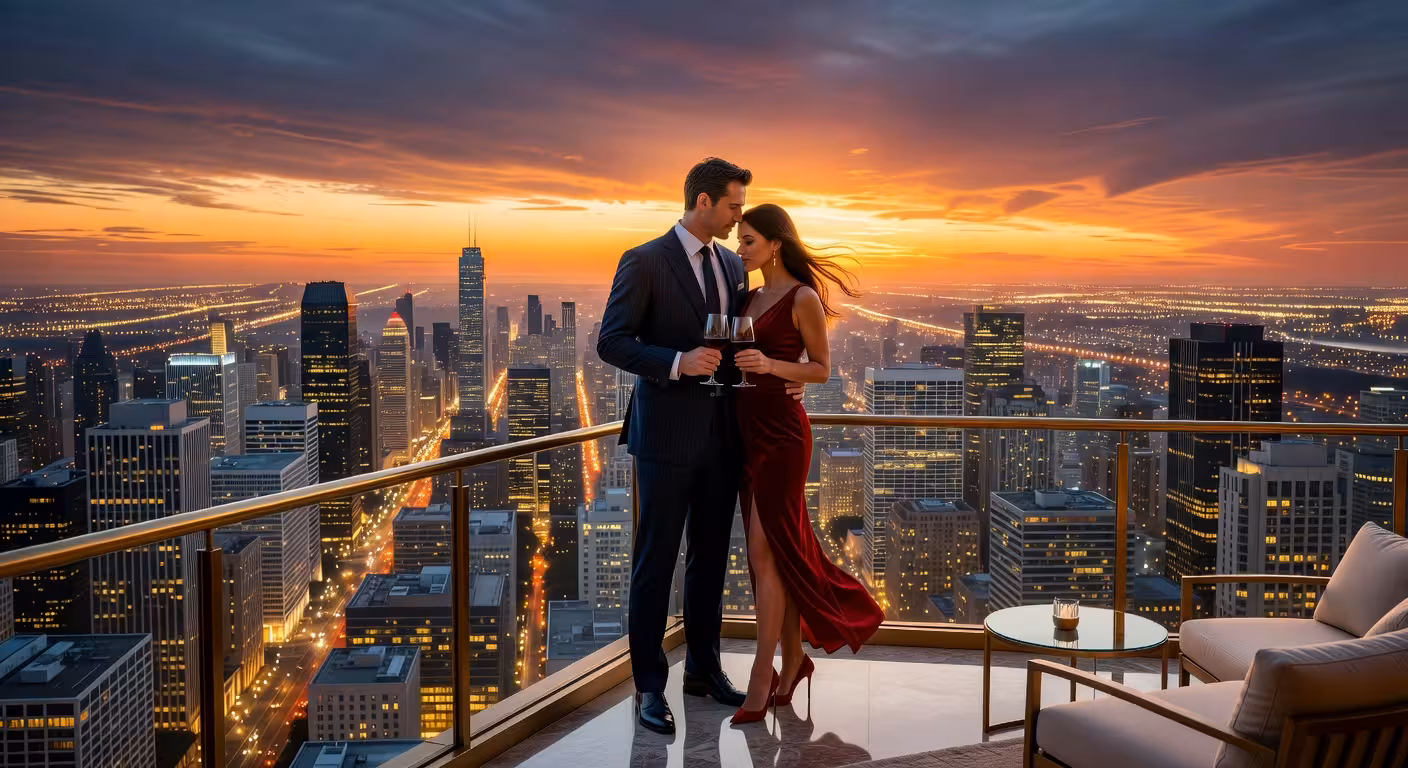 Sophisticated couple's silhouette enjoying sunset from luxury hotel balcony overlooking city lights,