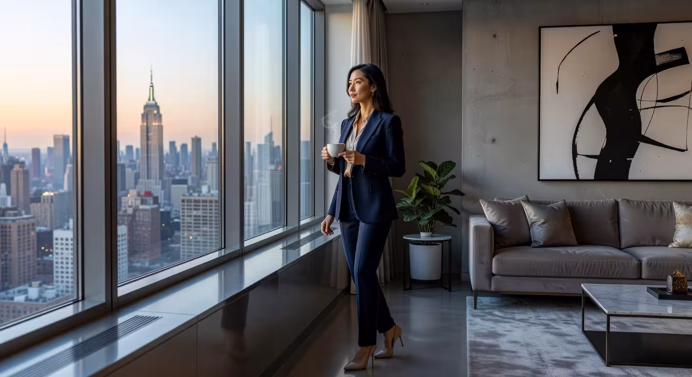 Elegant young woman in designer outfit looking thoughtfully at city skyline through modern penthouse