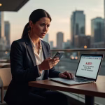 Sugar Daddy Asked for Bank Info? Here's Why That's a Massive Red Flag (And What to Do) Professional woman looking concerned while checking her phone and laptop, financial security concept