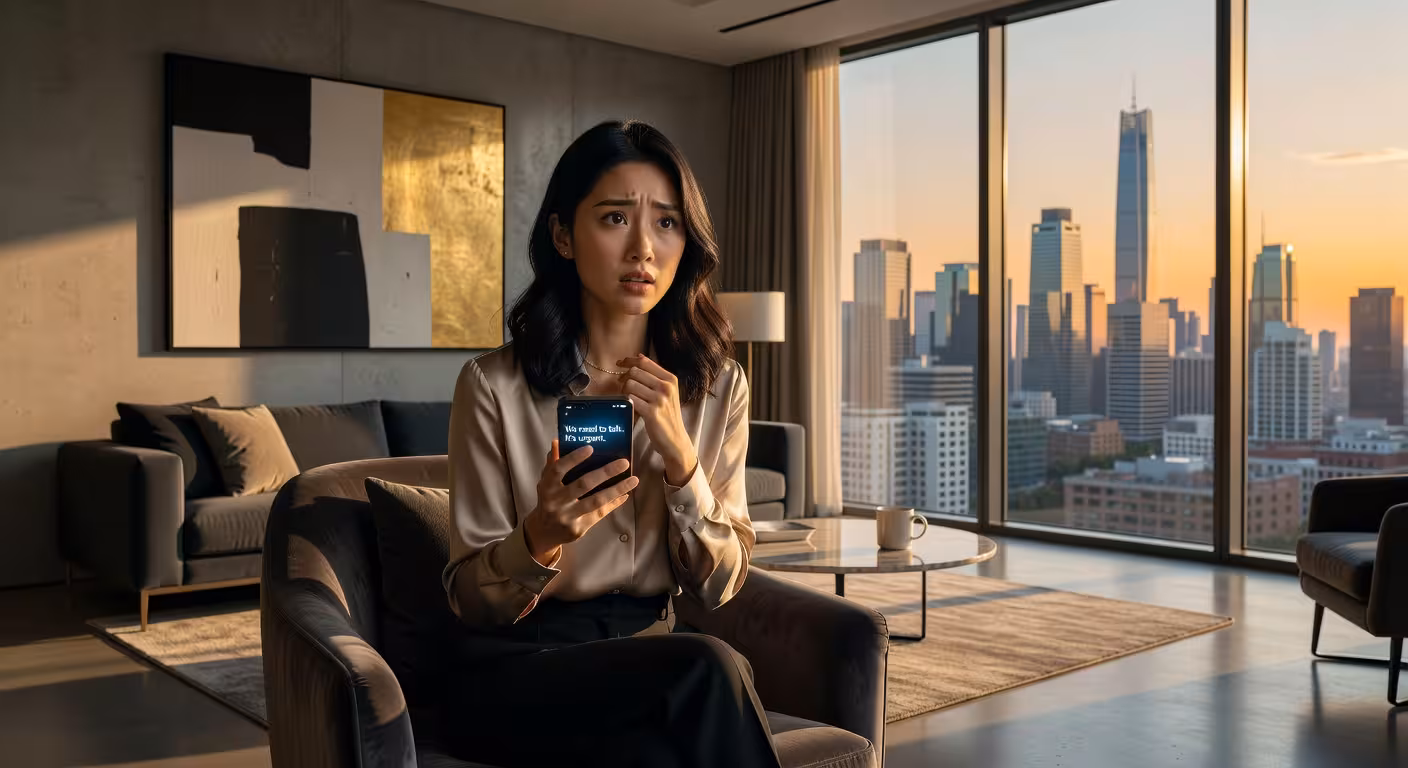elegant young woman looking concerned at her phone in a luxury apartment with city skyline view, mod
