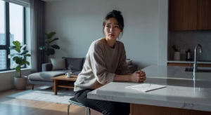 Young woman sitting alone in modern apartment looking thoughtful and conflicted, soft natural lighti