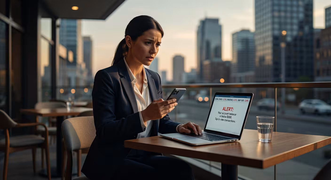 Professional woman looking concerned while checking her phone and laptop, financial security concept