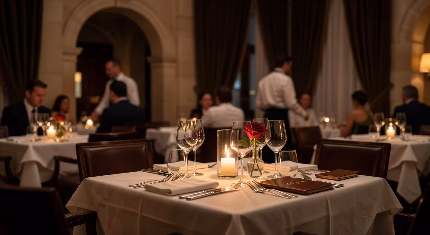 High-end restaurant interior with intimate corner table, soft candlelight, fine dining setup, blurre
