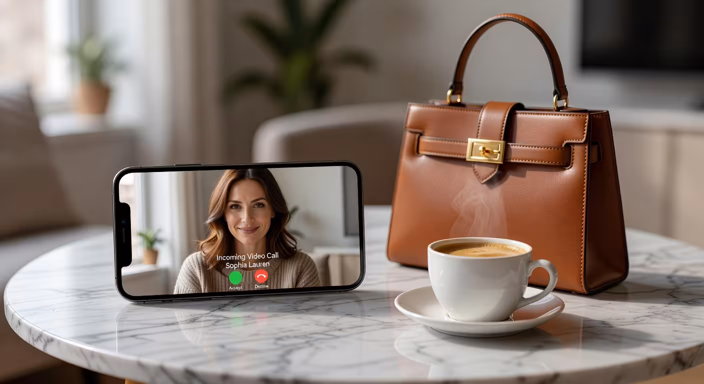 smartphone screen showing incoming video call interface, designer handbag and coffee cup on marble t
