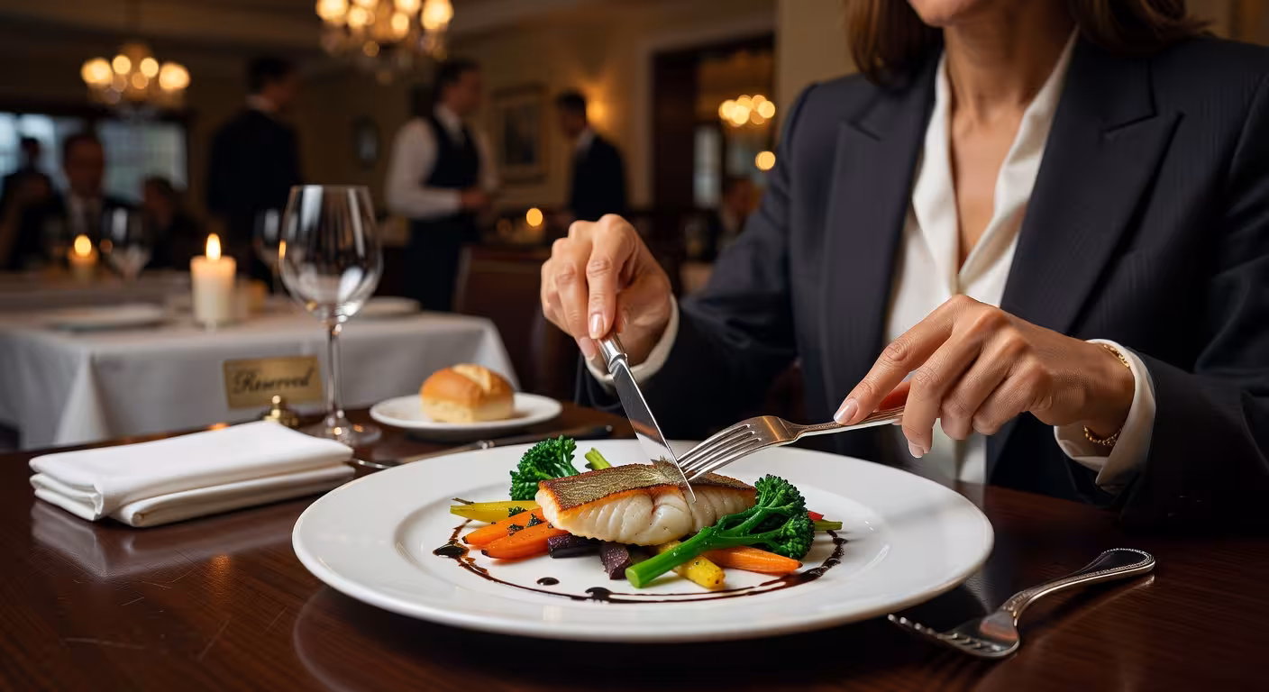 woman's hands properly holding fork and knife in continental dining style, cutting elegant food on w