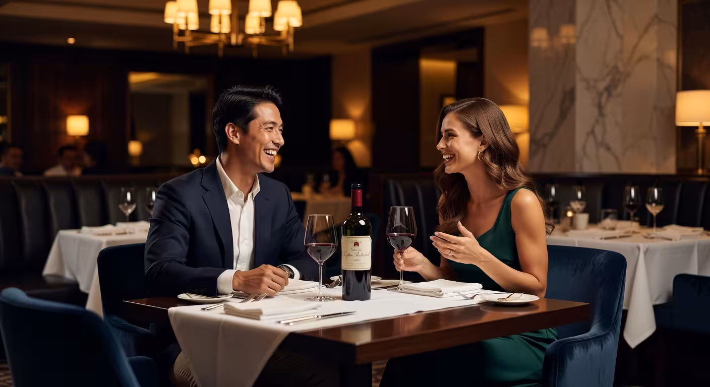 Elegant fine dining scene at upscale restaurant, sophisticated couple having engaging conversation o
