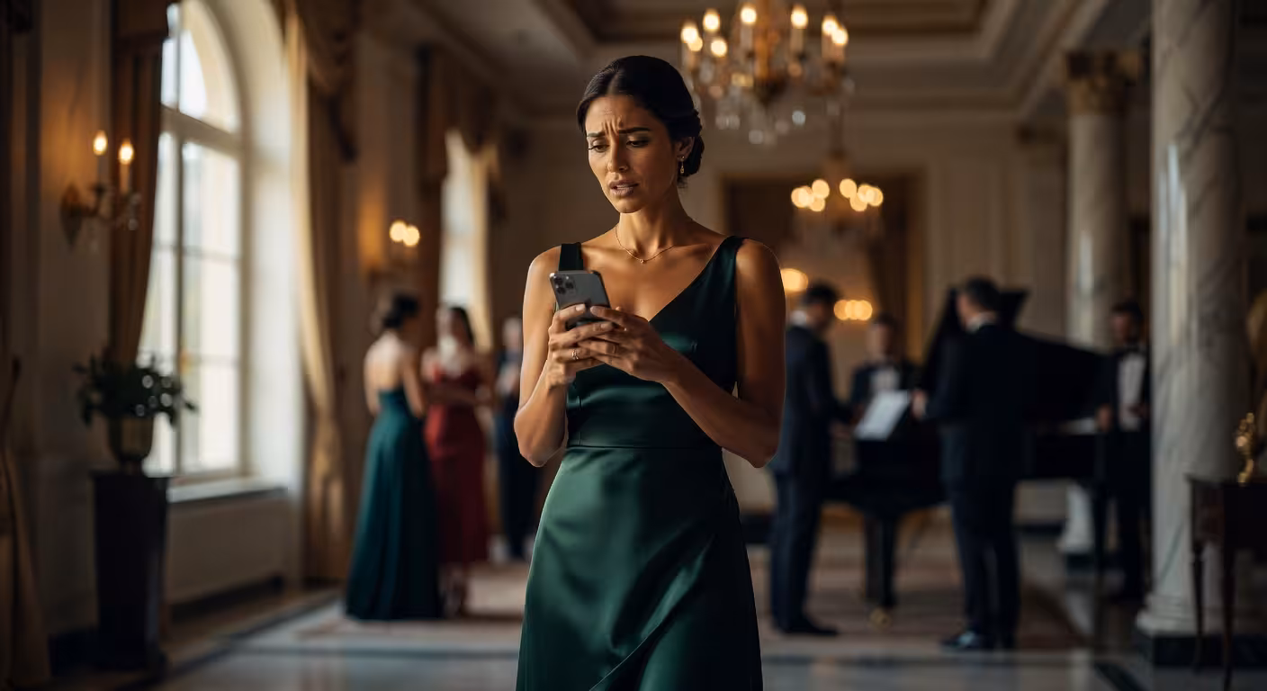 Confident woman in elegant evening dress checking phone with concerned expression, dramatic side lig