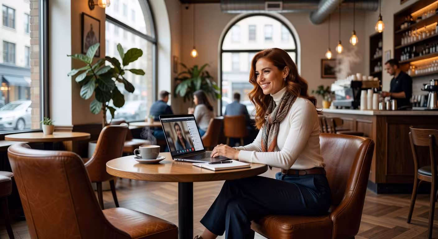 confident young woman having video call on laptop in upscale coffee shop, natural lighting through l