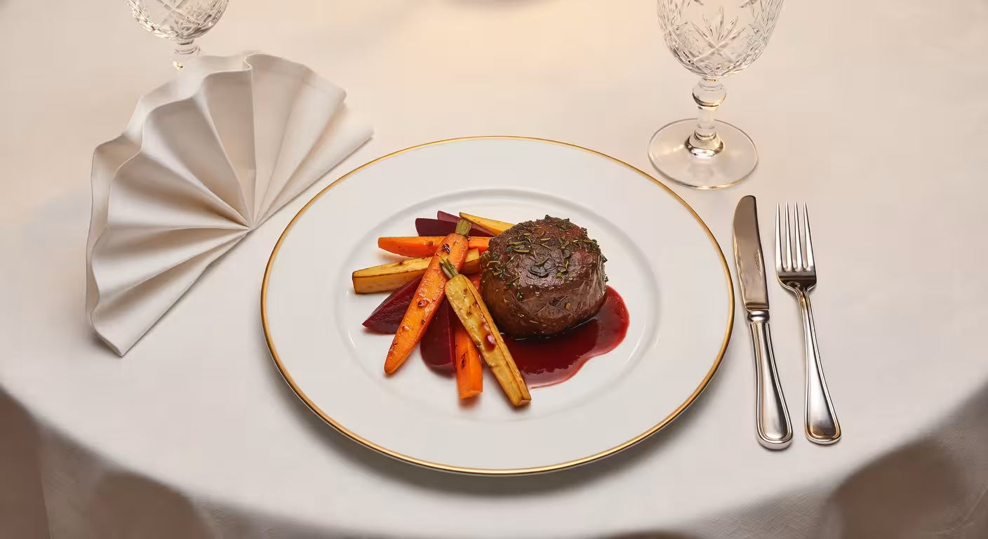 silverware placement on finished plate showing proper etiquette, knife and fork parallel at four o'c