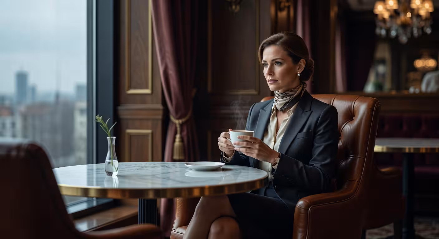 Elegant woman in upscale restaurant having coffee alone, looking thoughtful and cautious, natural wi