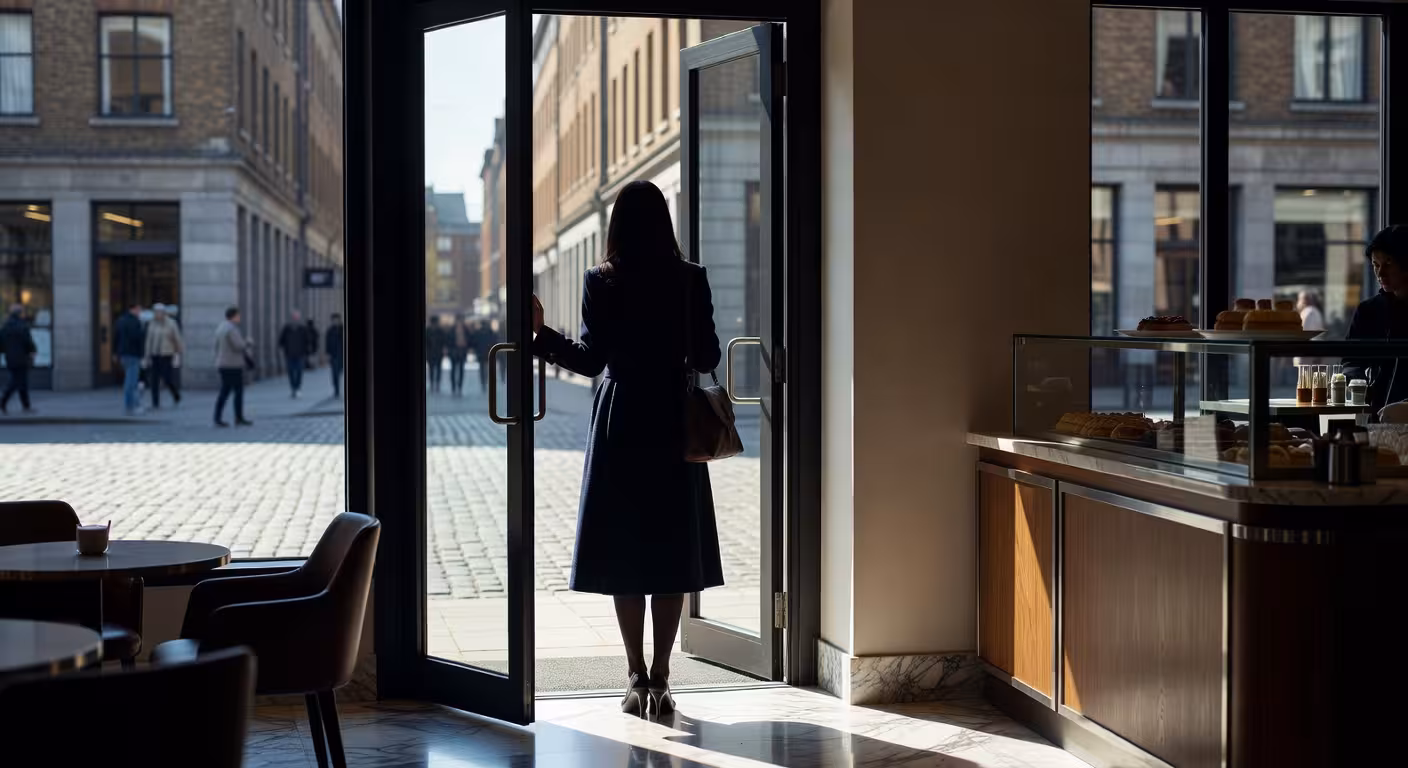 Safety concept image: woman's silhouette in doorway of upscale cafe, bright daylight streaming in, p