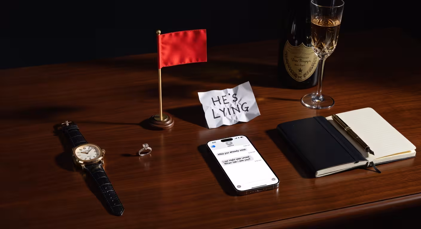 red flags warning signs concept, luxury lifestyle items scattered on desk with phone showing suspici