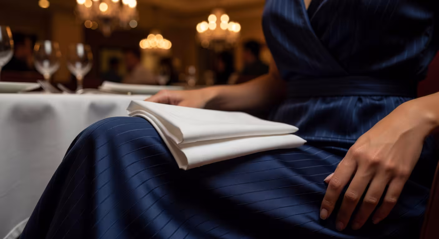 linen napkin properly folded and placed on lap, elegant dress visible, fine dining restaurant settin