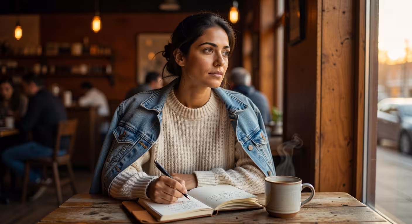 Woman journaling in cozy coffee shop setting, morning light, thoughtful expression, notebook and cof