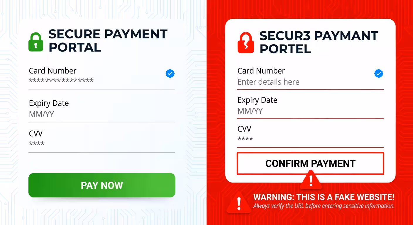 Split screen comparison showing genuine payment app interface versus fake phishing attempt, clean te